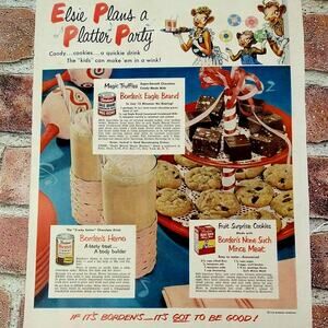 1950 - Borden - Elsie the Cow Plans a Platter Party -Original Retro Vtg PRINT AD